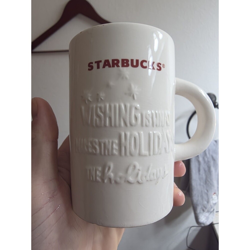2010 Starbucks Coffee Mug Holiday Wish White Red 3D Cup Christmas 10 oz Tea‎ Cup